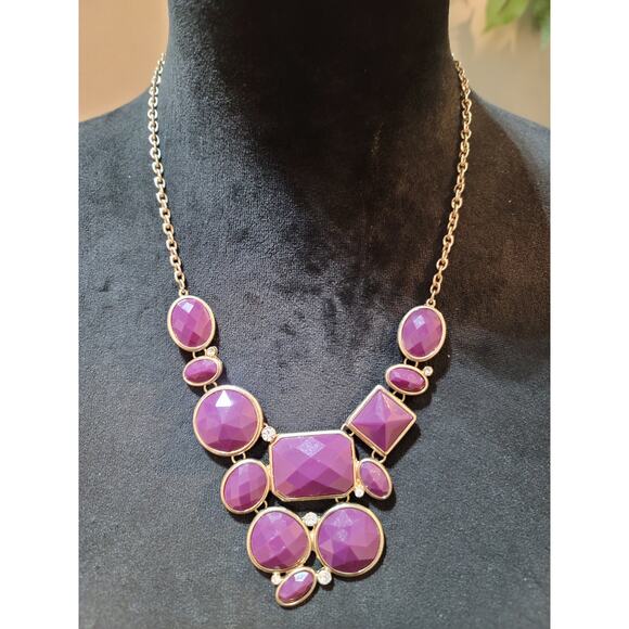 Women's Purple Statement Necklace With Faceted Stones Gold Tone Lobster ClaspArt - Picture 2 of 7
